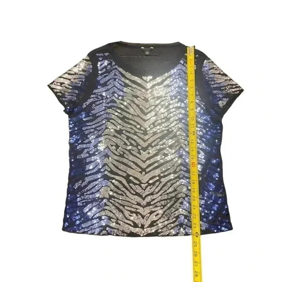 Cache Zebra Animal Print Top Black/Metallic/Silver/Blue Short Sleeve Sheer Sz M - Picture 3 of 7